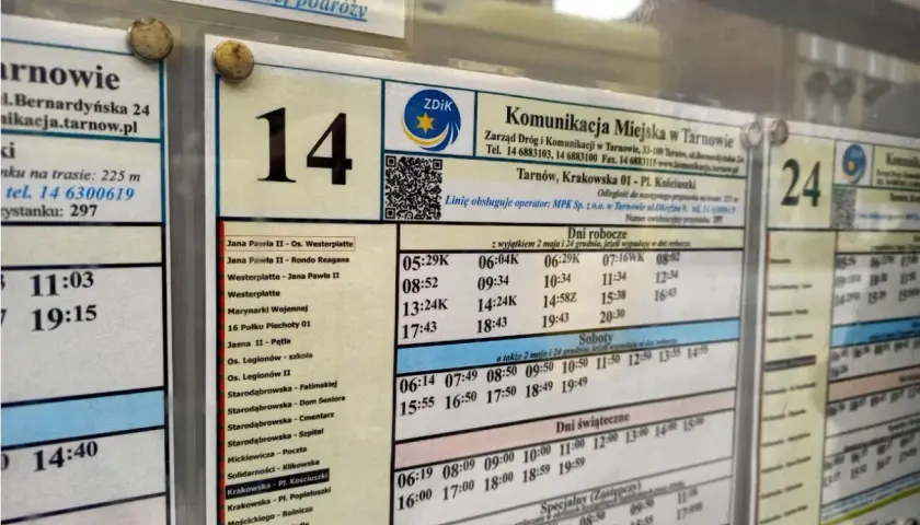 Rozkład jazdy autobusu linii 14 w Tarnowie z godzinami odjazdów i nazwami przystanków.
