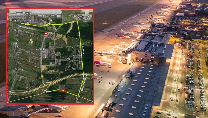 Mapa drogowa z zaznaczoną trasą do lotniska Katowice Pyrzowice. Widok lotniska z samolotami i parkingami.