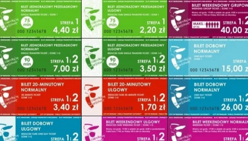 Kolekcja biletów komunikacji miejskiej w Warszawie: jednorazowe, dobowe i weekendowe. Idealne na zwiedzanie miasta, np. bilet weekendowy grupowy.