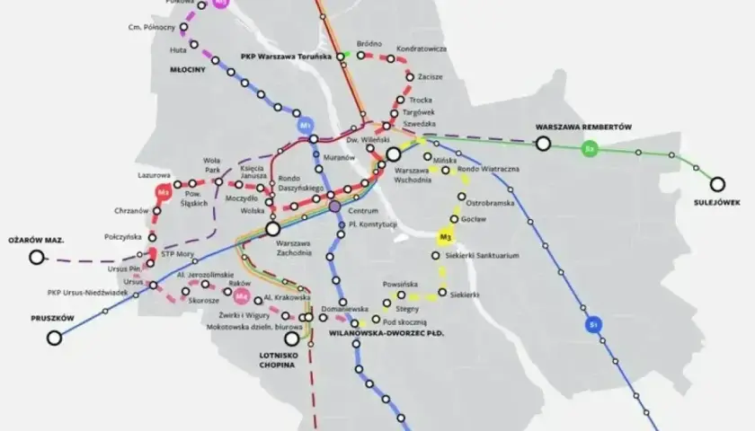 Mapa pokazuje stacje drugiej linii metra w Warszawie, z zaznaczonymi stacjami i przebiegiem linii M1, M2, M3, M4 i S1.
