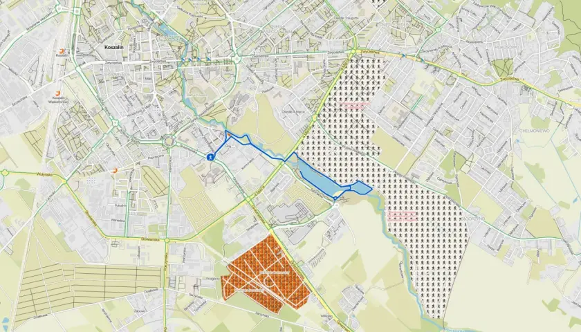 Mapa Koszalina z zaznaczonym osiedlem Gnieźnieńska. Widoczne ulice, parki i budynki.