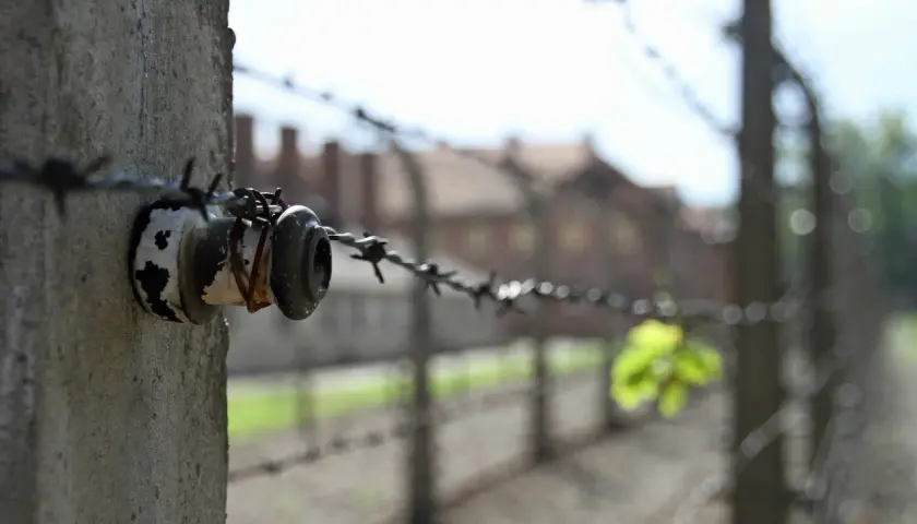 Izolator na słupku z drutem kolczastym, symbol przeszłości Krakowa i Oświęcimia.