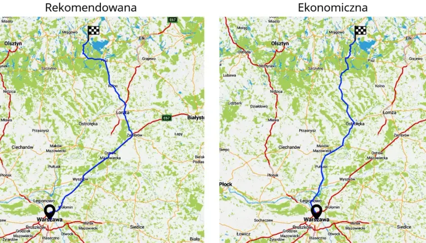 Trasy z Olsztyna do Warszawy: rekomendowana (niebieska) i ekonomiczna (czerwona). Idealne na mikołajki!