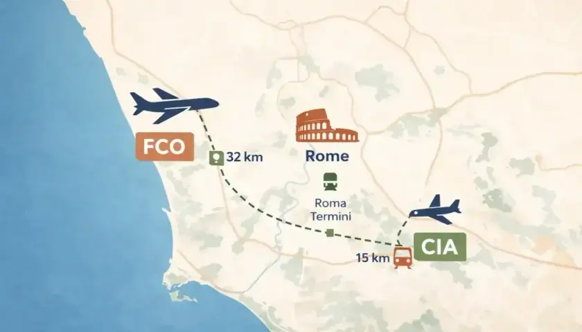 Mapa pokazuje połączenia lotnicze między lotniskiem FCO a Rzymem (32 km) oraz między Rzymem a lotniskiem CIA (15 km).