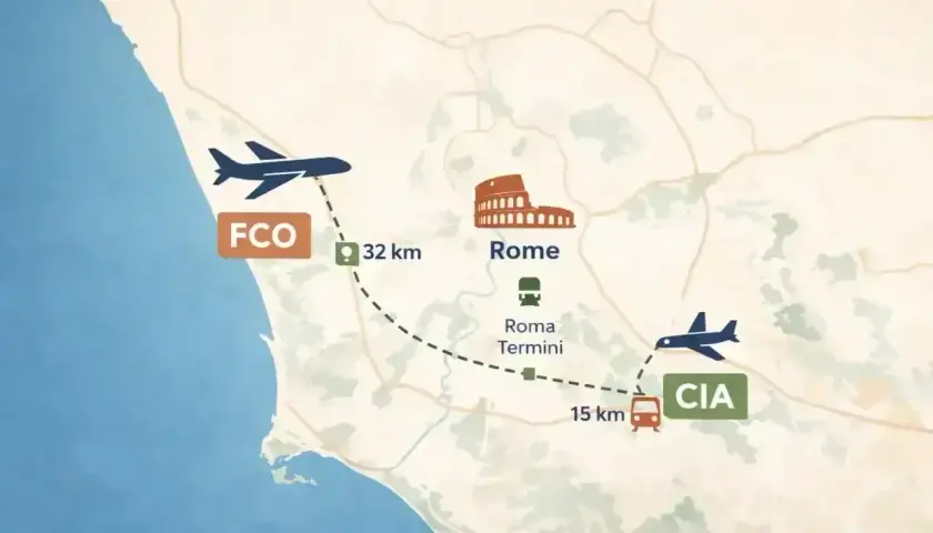 Mapa pokazuje połączenia lotnicze i kolejowe z lotniska Rzym Fiumicino (FCO) do centrum Rzymu (Koloseum, Roma Termini) i lotniska Ciampino (CIA).