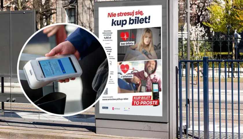 Jak kupić bilet w tramwaju Wrocław? Plakat informuje, że to proste. Można płacić kartą lub telefonem.