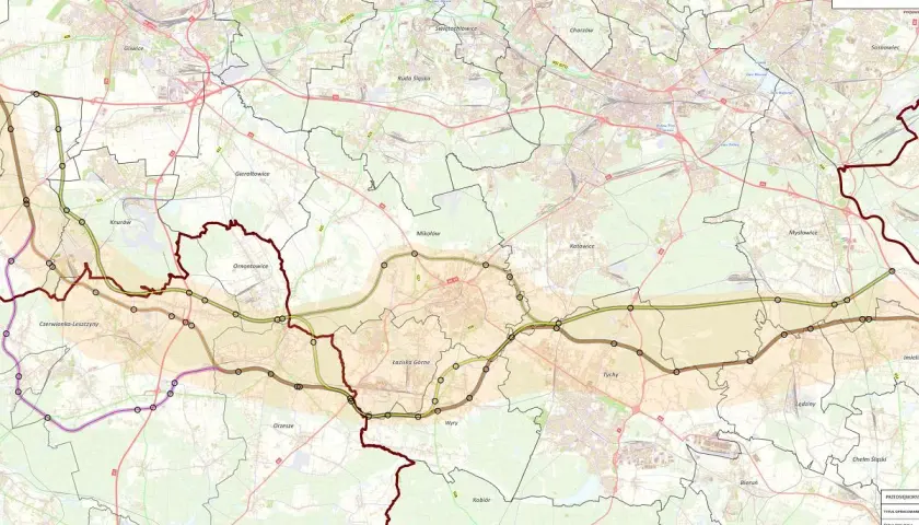 Mapa drogowa z zaznaczoną autostradą A4, pokazująca przebieg od Gliwic przez Zabrze, Katowice, Tychy aż po okolice Krakowa.