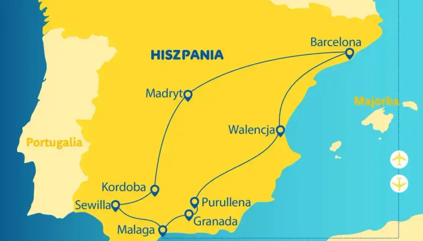 Mapa Hiszpanii z trasą autokaru: Barcelona, Walencja, Madryt, Kordoba, Sewilla, Malaga, Grenada, Purullena. Podróż do Hiszpanii autokarem to przygoda!