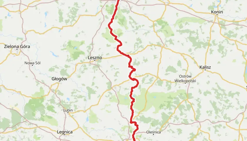 Trasa z Wrocławia do Poznania, zaznaczona na czerwono, przebiega przez Leszno i inne miasta.