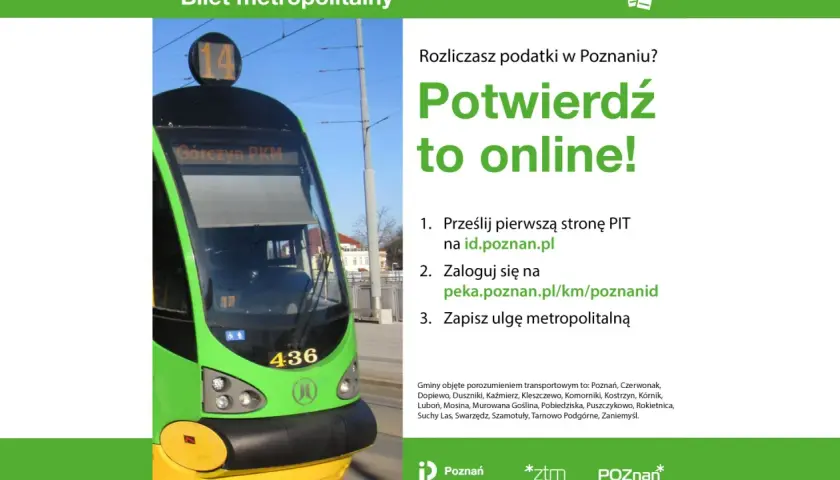 Zielony tramwaj linii 14 z napisem "Górczyn PKM" i numerem 436. Obok instrukcja, jak potwierdzić ulgę metropolitalną online.