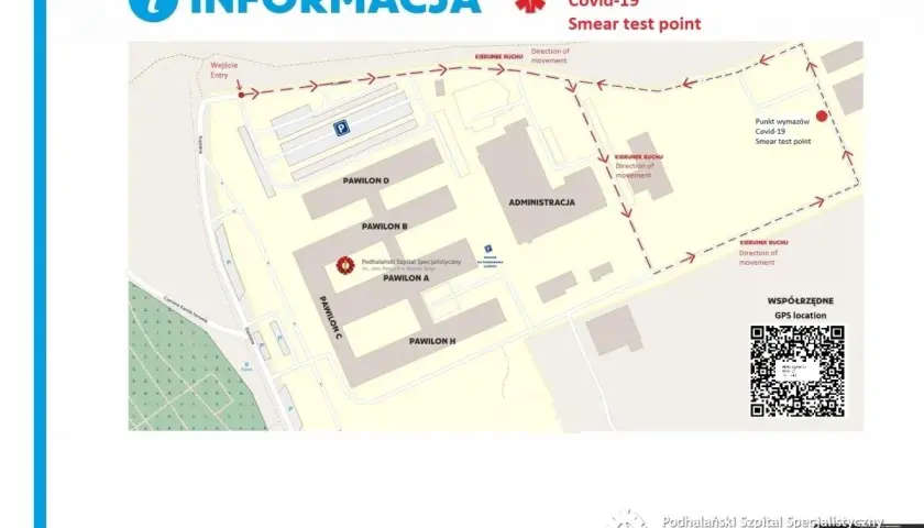 Mapa pokazuje jak dojechać z dworca w Krakowie do szpitala Jana Pawła II w Nowym Targu, wskazując drogę do punktu poboru wymazów Covid-19.