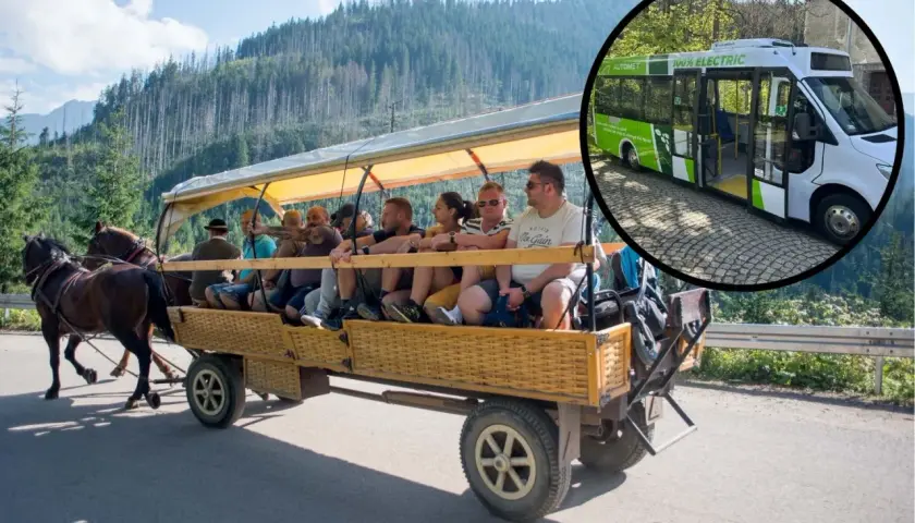 Morskie Oko: cennik meleksy i bryczki konne. Elektryczny bus obok tradycyjnego transportu.