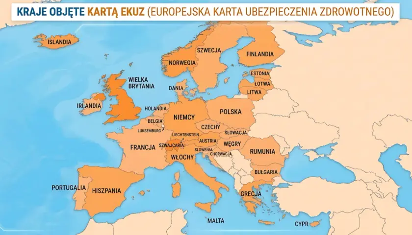 Mapa Europy z zaznaczonymi krajami objętymi EKUZ. Widoczna Norwegia, Szwecja, Finlandia, Polska, Niemcy, Włochy i inne państwa.