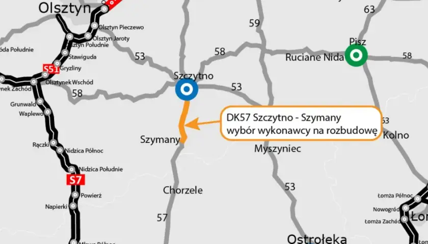 Mapa drogowa z zaznaczonym odcinkiem DK57 Szczytno - Szymany. Widać połączenia z Olsztynem i innymi miastami.