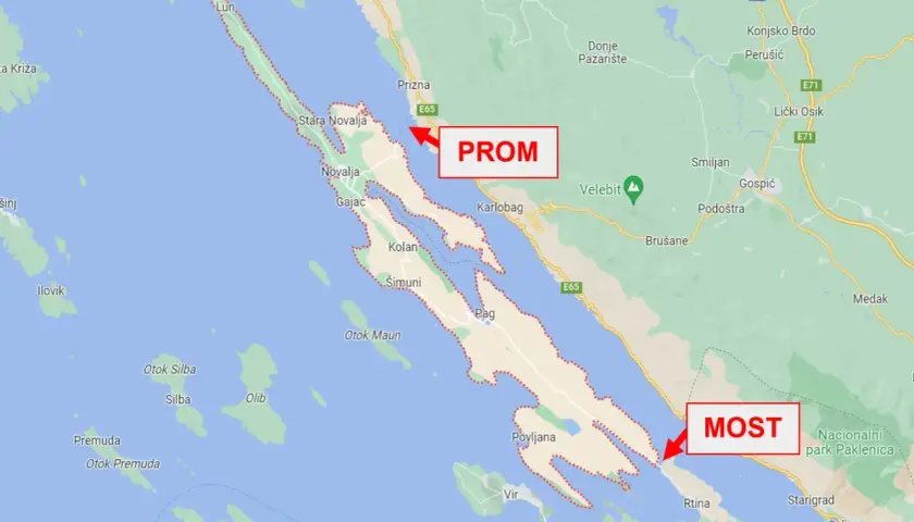 Mapa Chorwacji z zaznaczonymi wyspami Pag i okolicami. Czerwone strzałki wskazują prom i most łączące wyspę z lądem.