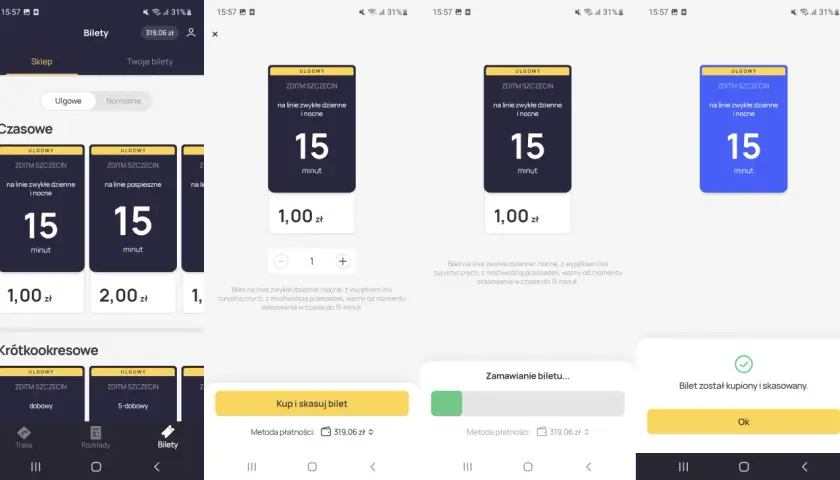 Aplikacja jak dojadę pokazuje zakup biletu 15-minutowego za 1 zł.
