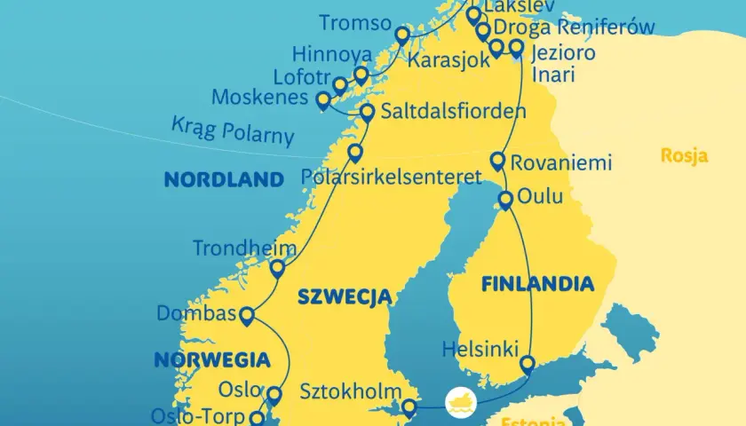 Mapa pokazuje trasę podróży przez koło podbiegunowe w Norwegii, Szwecji i Finlandii, z zaznaczonymi miastami jak Nordkapp, Tromso, Rovaniemi.
