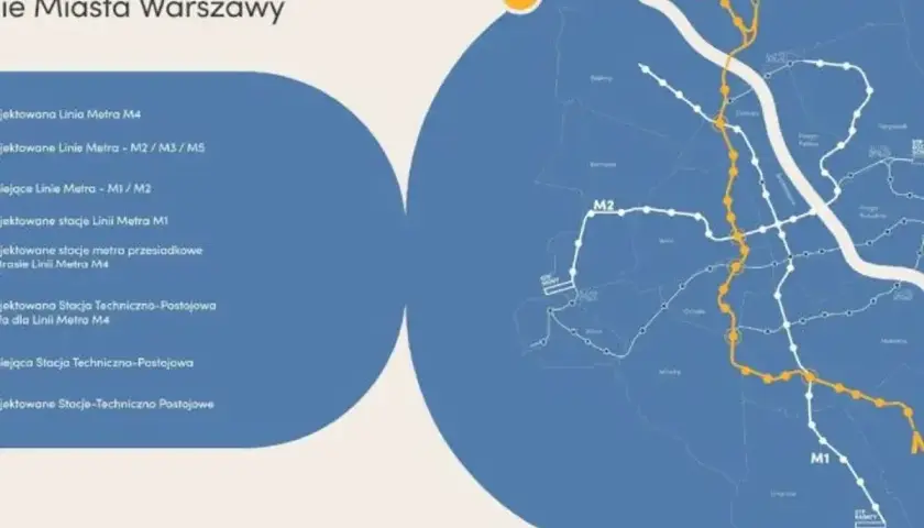 Mapa planowanej 4 linii metra w Warszawie, z zaznaczonymi istniejącymi liniami M1 i M2.