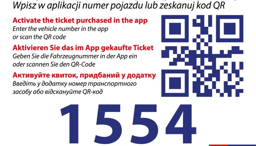 Aktywuj bilet dobowy Szczecin, skanując kod QR lub wpisując numer pojazdu w aplikacji. Numer 1554.