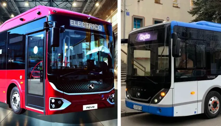 Dwa autobusy, jeden czerwony z napisem "ELECTRICO", drugi biało-niebieski z napisem "Giżycko". Może jeden z nich pojedzie z Krakowa do Bochni?
