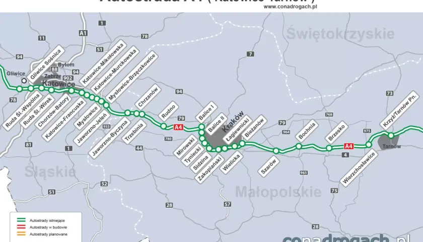 Mapa autostrady A4 od Gliwic przez Katowice do Tarnowa, z zaznaczonymi miastami i węzłami.