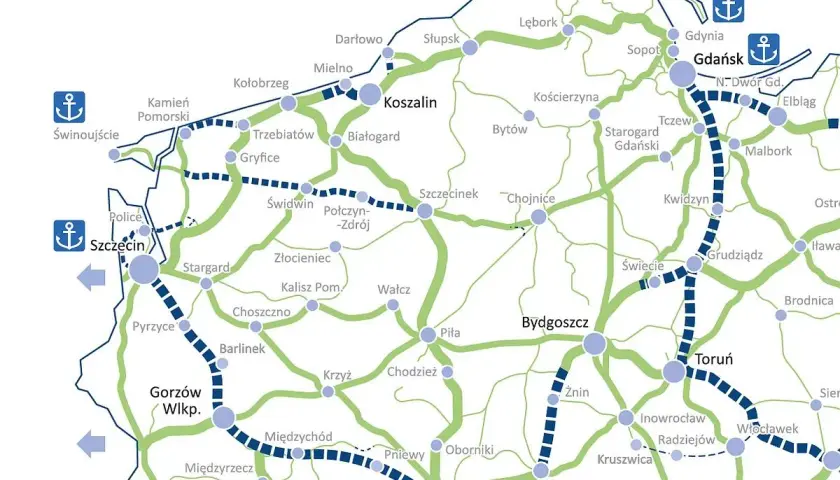 Mapa drogowa Polski z zaznaczonymi trasami, w tym **Darłowo trasa** na wybrzeżu. Widoczne miasta: Koszalin, Szczecin, Gdańsk, Poznań.