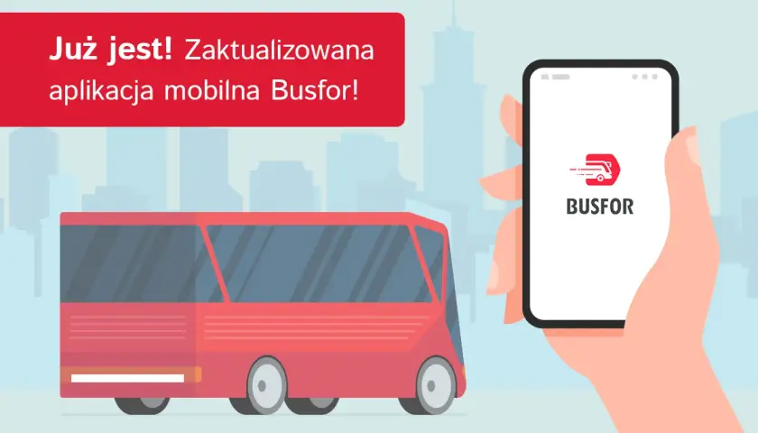 Zaktualizowana aplikacja mobilna Busfor to idealne miejsce, gdzie można kupić bilet na autobus. Czerwony autobus i smartfon z logo aplikacji.