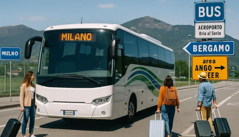 Autobus do Mediolanu czeka na pasażerów. Znak wskazuje drogę do Bergamo i lotniska Orio al Serio.