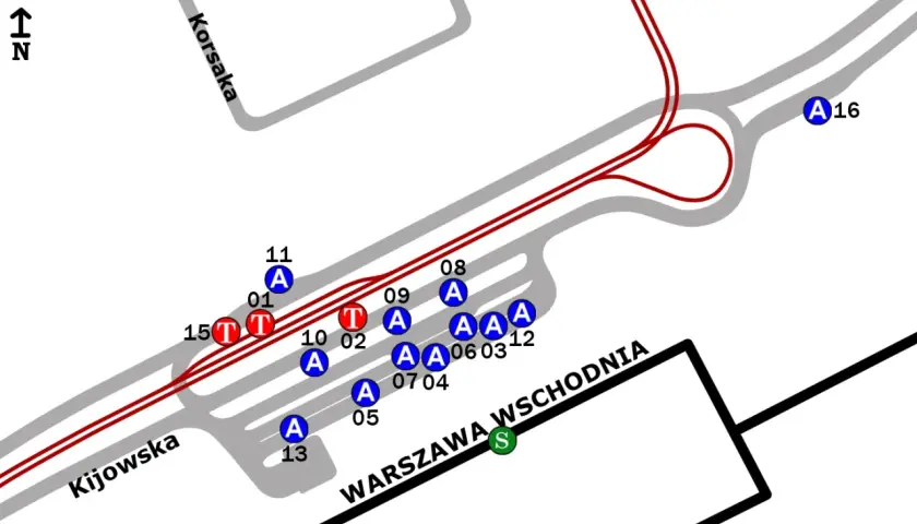 Mapa pokazuje jak dojechać z dworca Wschodniego do szpitala na Szaserów. Znajdują się tu oznaczenia przystanków (A) i (T) oraz nazwy ulic.