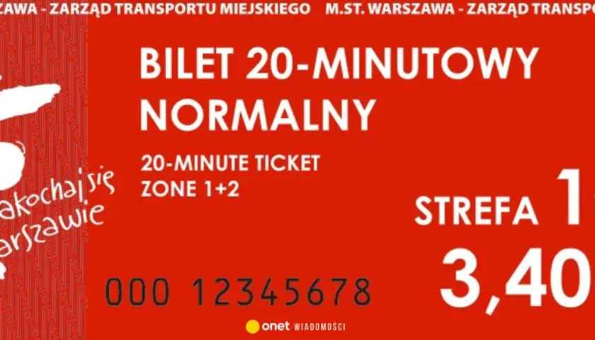 Bilet 20 minutowy normalny na strefę 1+2 w Warszawie. Cena 3,40 zł.