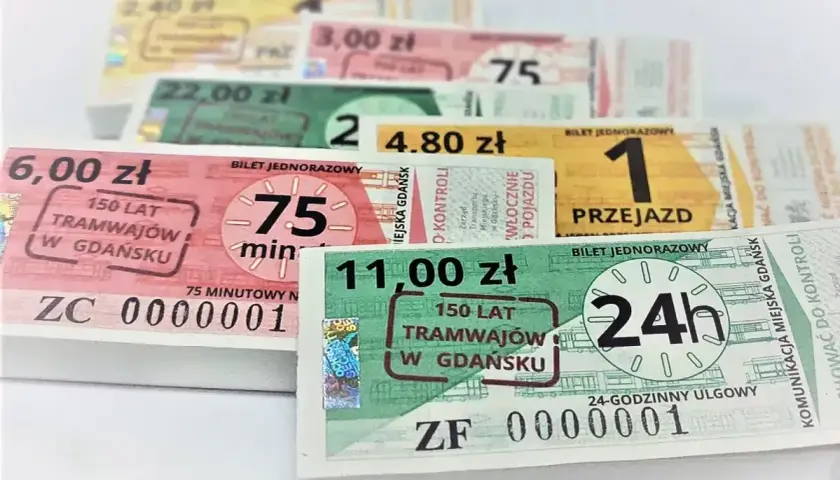 Kolekcja biletów komunikacji miejskiej z Gdańska: 75-minutowe, 24-godzinne i inne.