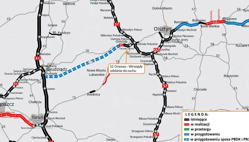 Mapa drogowa okolic Olsztyna, z zaznaczonymi drogami krajowymi i ekspresowymi, w tym odcinkiem S5 Ornowo-Wirwajdy.