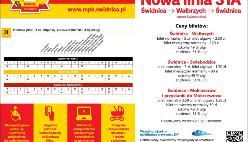 Rozkład jazdy i cennik linii 31A Wałbrzych - Świdnica. Bilety od 1,25 zł.