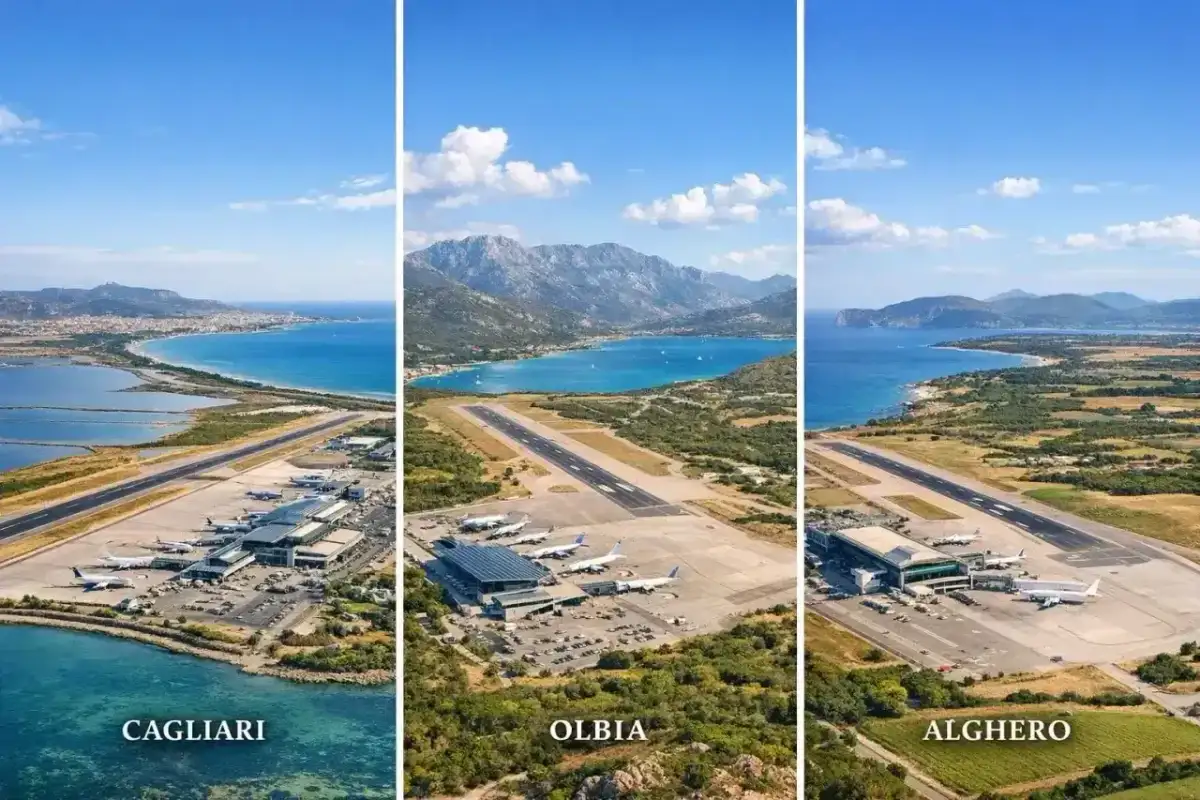 Trzy lotniska na Sardynii: Cagliari, Olbia i Alghero, z widokiem na morze i góry.