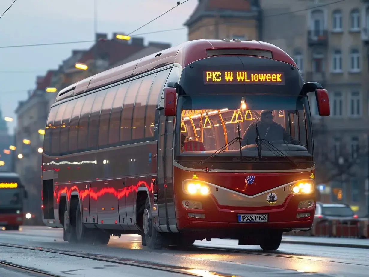 Czerwony autobus PKS Włocławek na mokrej ulicy, idealny do zakupu biletów miesięcznych.