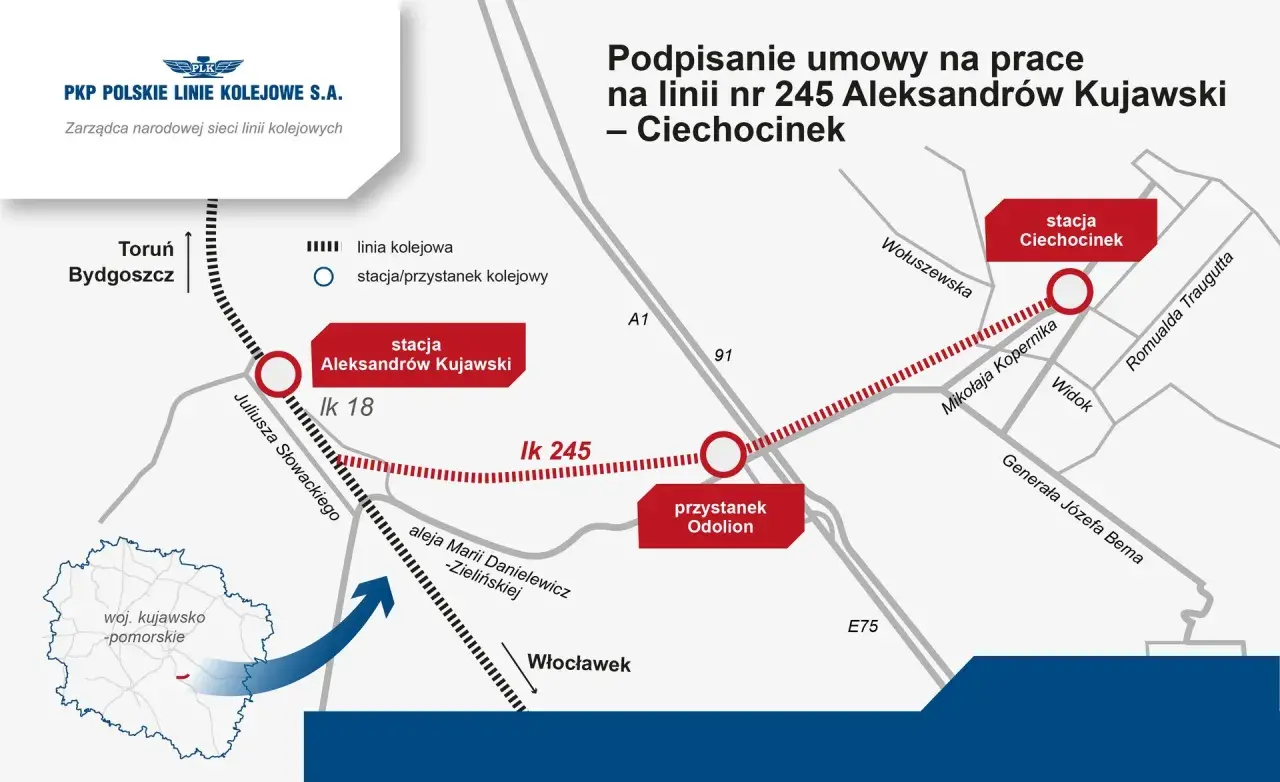 Mapa przedstawia przebieg linii kolejowej nr 245 między Aleksandrowem Kujawskim a Ciechocinkiem, z zaznaczonymi stacjami i przystankami.