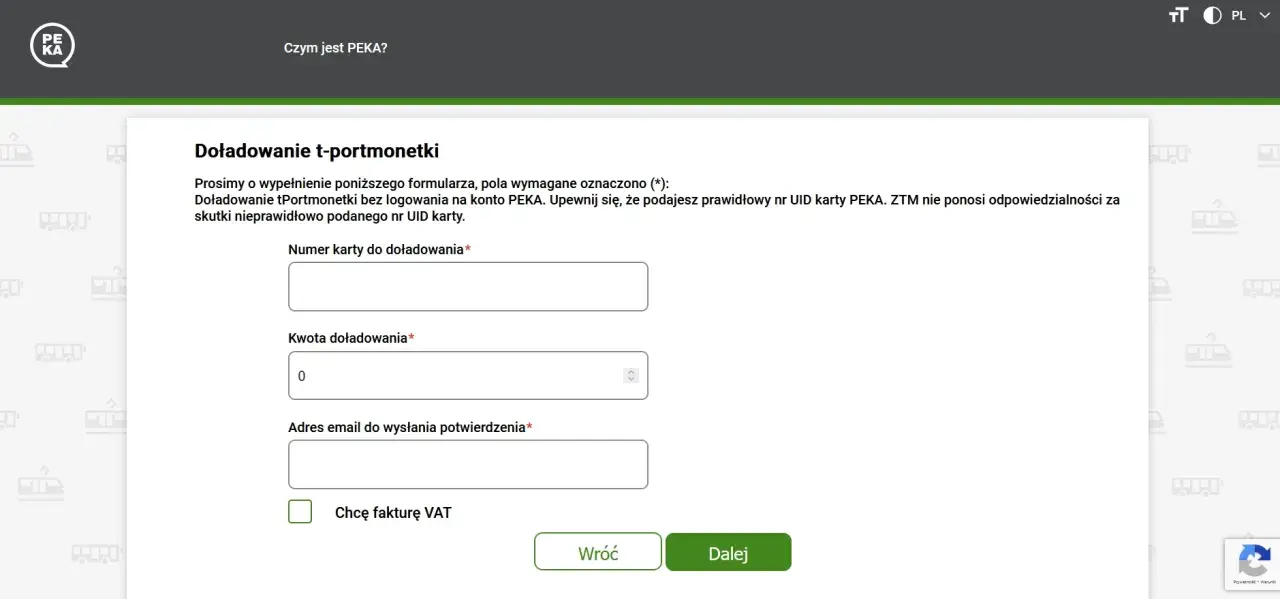 Formularz doładowania karty PEKA. Wpisz numer karty, kwotę i email, aby doładować t-portmonetkę.