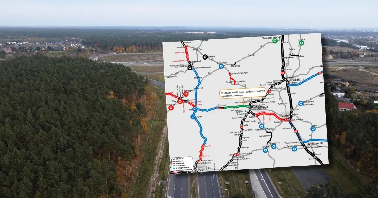 Mapa drogowa z zaznaczonymi trasami, w tym S10 Nakło nad Notecią - Bydgoszcz Zachód. W tle las i autostrada.