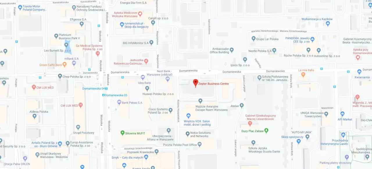 Mapa z zaznaczonym budynkiem Zepter Business Centre i okolicznymi ulicami.
