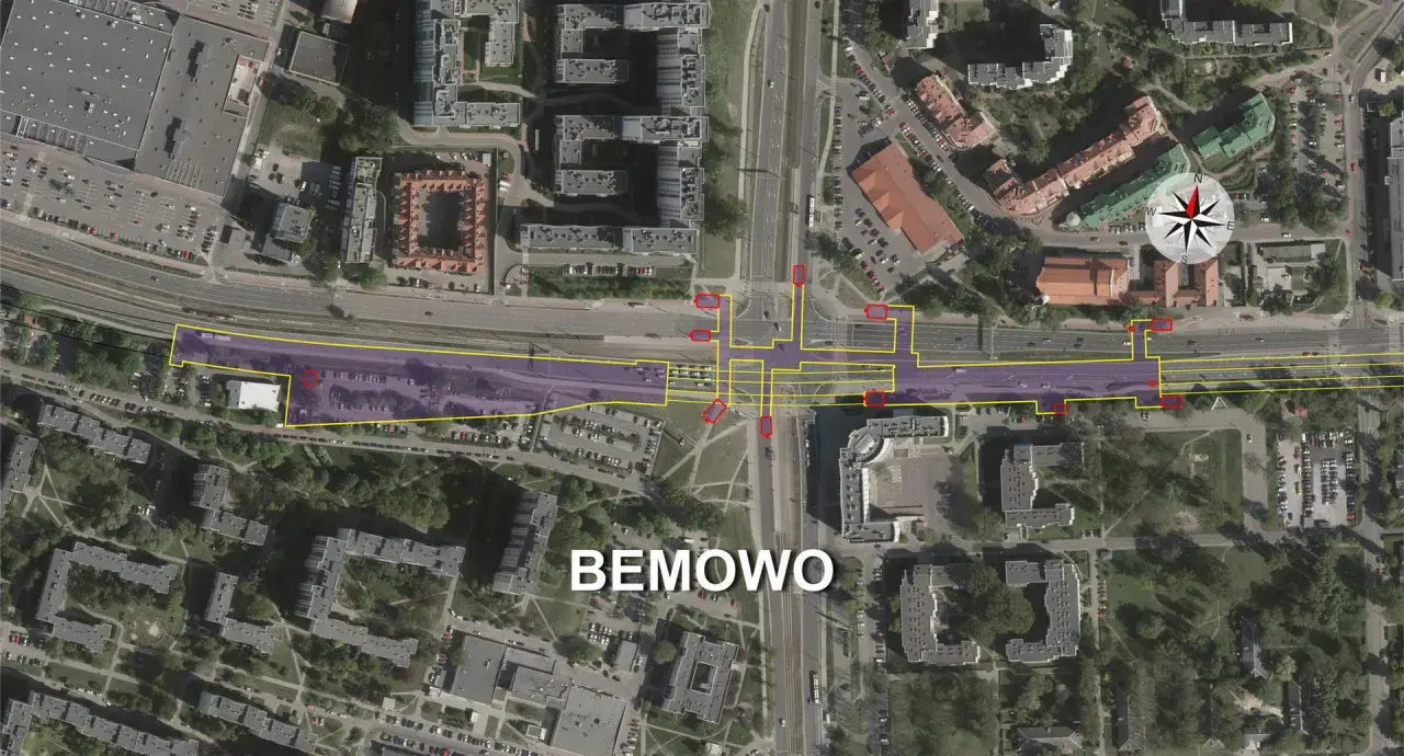 Widok z lotu ptaka na Bemowo z zaznaczonym obszarem metra, skrzyżowaniami i budynkami.