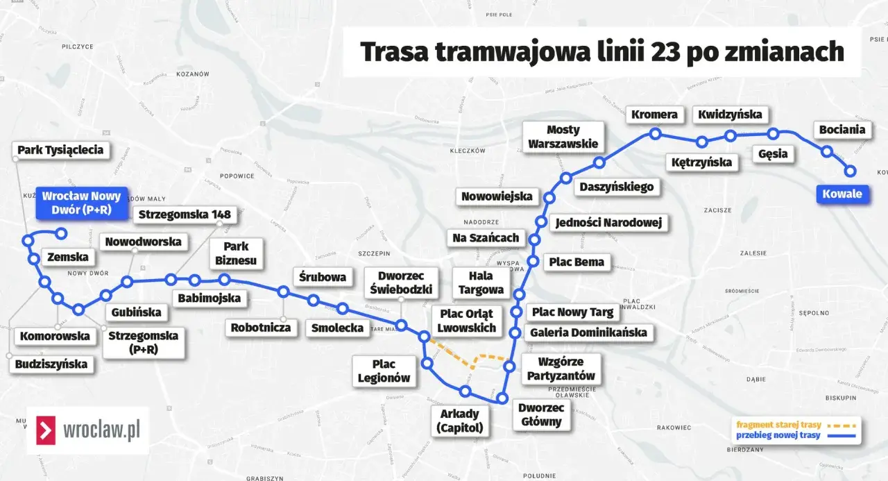 Mapa trasy tramwajowej linii 23 we Wrocławiu, pokazująca przystanki od Wrocław Nowy Dwór (P+R) przez Dworzec Świebodzki do Kowale.