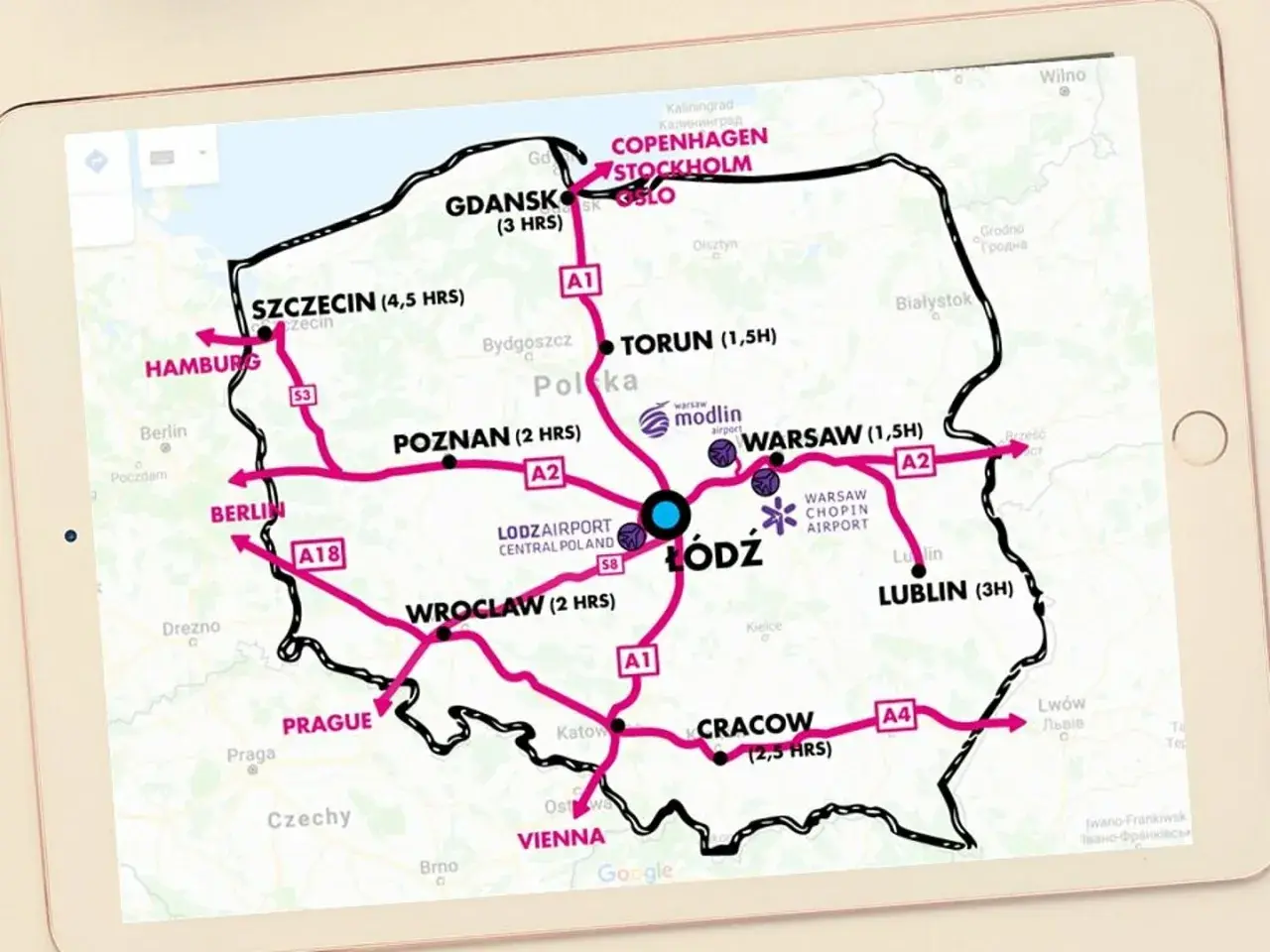 Mapa Polski z zaznaczonymi trasami i czasami dojazdu. Centralnym punktem jest Łódź, połączona z Warszawą, Poznaniem, Wrocławiem, Krakowem, Lublinem, Gdańskiem, Szczecinem, Berlinem, Hamburgiem, Pragą i Wiedniem.