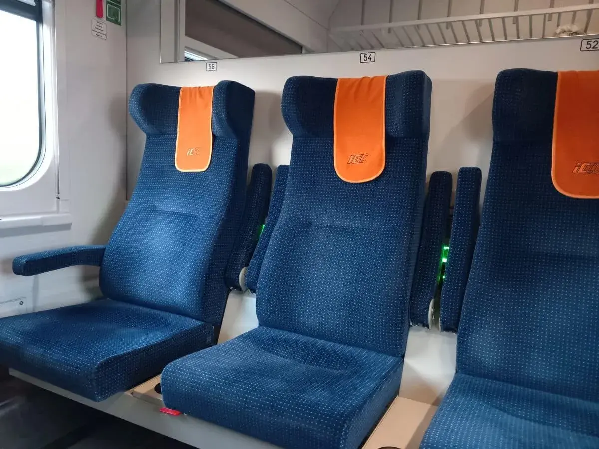 Puste siedzenia w pociągu PKP Intercity, gotowe na podróż z Giżycka do Warszawy.