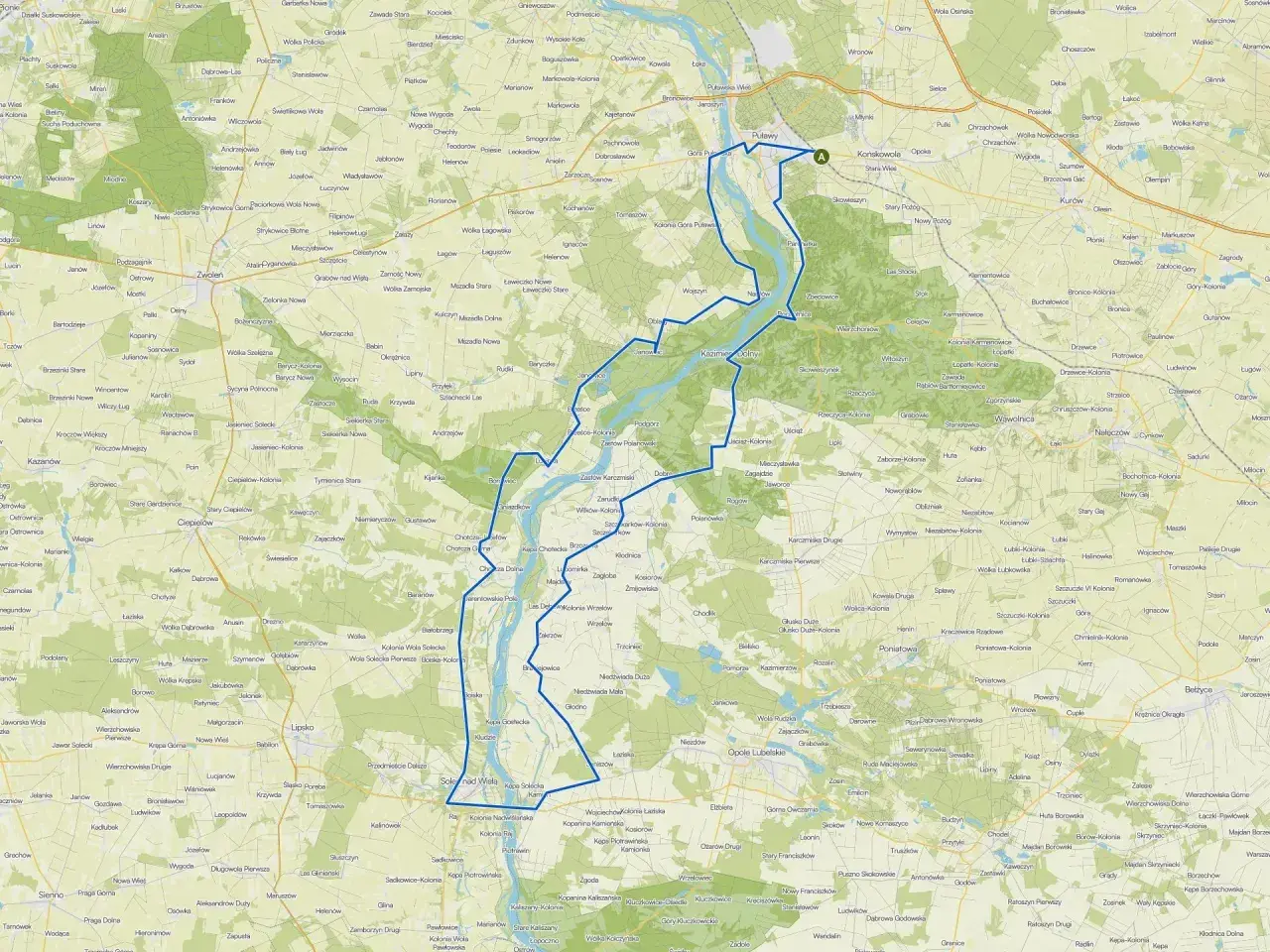 Trasa z Warszawy do Kazimierza Dolnego biegnie przez malownicze tereny, w tym wzdłuż Wisły.