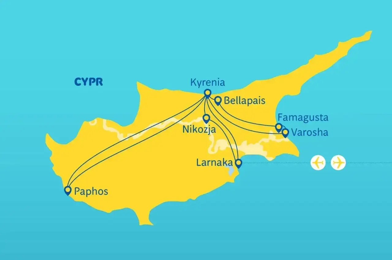 Mapa Cypru z zaznaczonymi miastami: Paphos, Nikozja, Larnaka, Kyrenia, Bellapais, Famagusta, Varosha. Widoczne linie lotnicze i dwa samoloty symbolizujące lotniska.