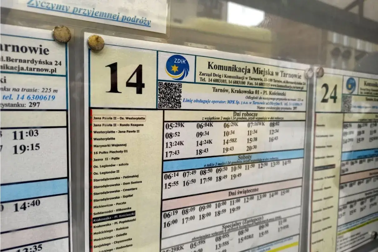 Rozkład jazdy autobusu linii 14 w Tarnowie z godzinami odjazdów i nazwami przystanków.
