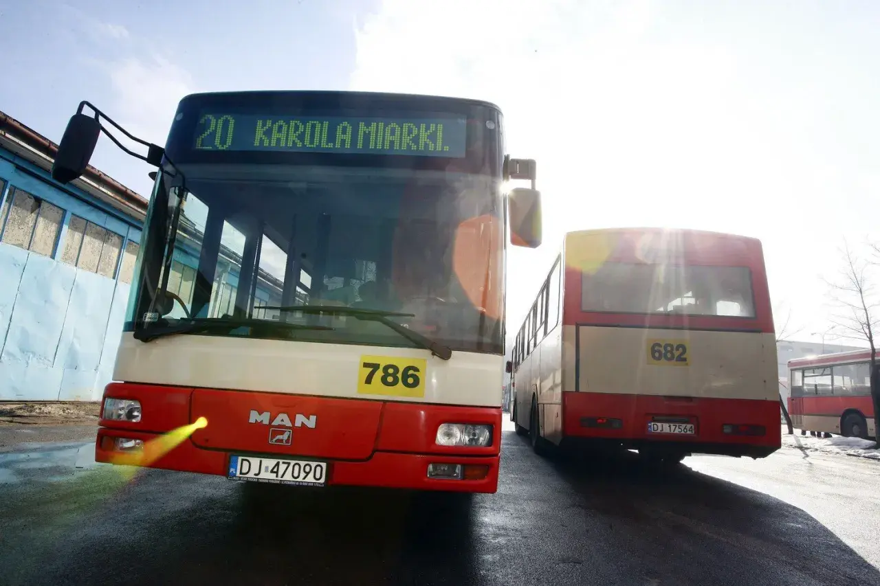 Autobusy MZK Jelenia Góra, linia 20 Karola Miarki, numery taborowe 786 i 682, stoją na placu.