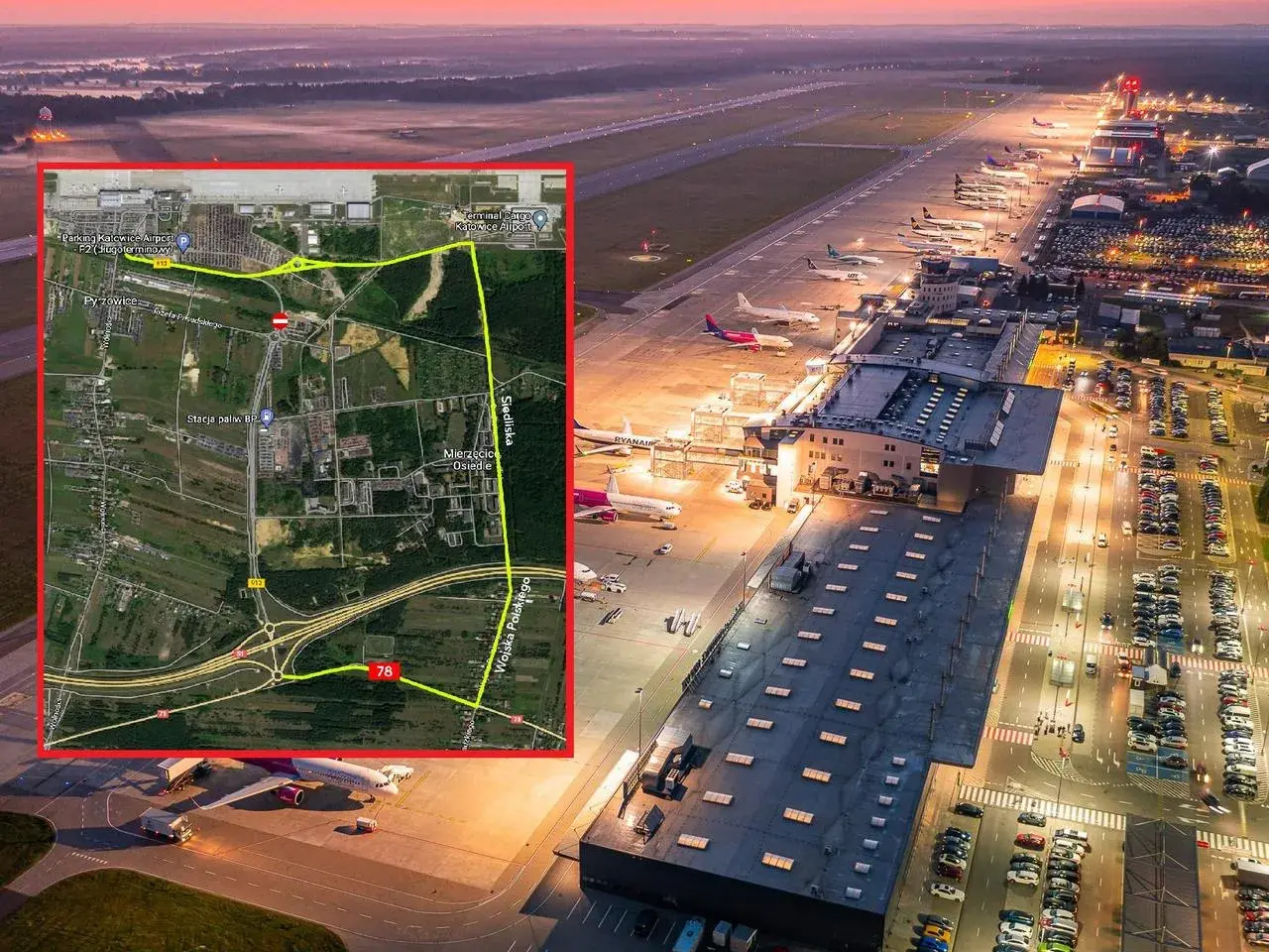 Mapa drogowa z zaznaczoną trasą do lotniska Katowice Pyrzowice. Widok lotniska z samolotami i parkingami.