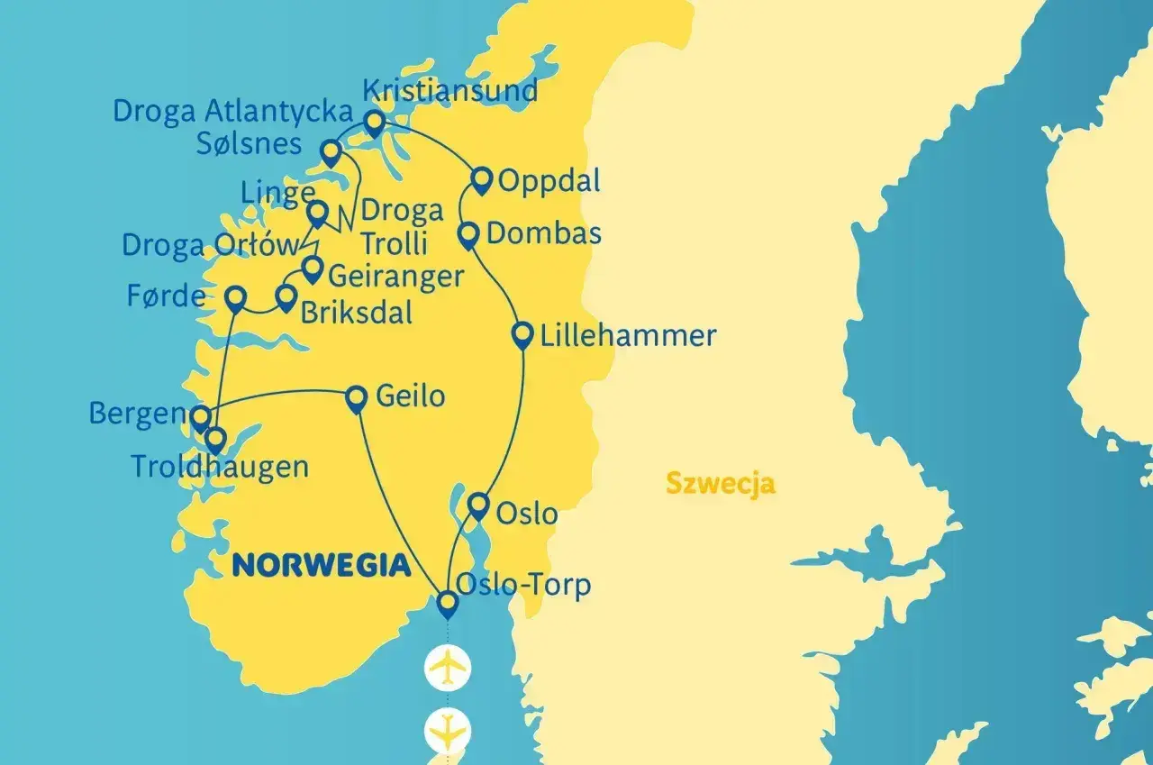 Mapa trasy wycieczki po fiordach norweskich: od Bergen przez Geiranger, Trollstigę, Drogę Atlantycką do Kristiansund, z powrotem do Oslo.
