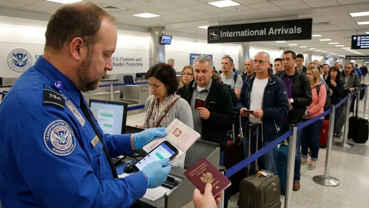 Kontrola paszportowa na lotnisku. Urzędnik sprawdza dokumenty podróżnych, co można wwieźć do USA. Kolejka do odprawy.